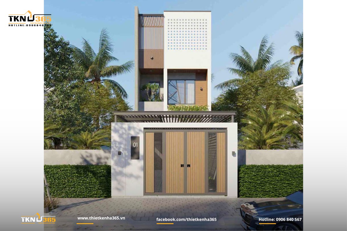 Thiết kế nhà 1 trệt 1 lầu có sân rộng đậu xe ô tô