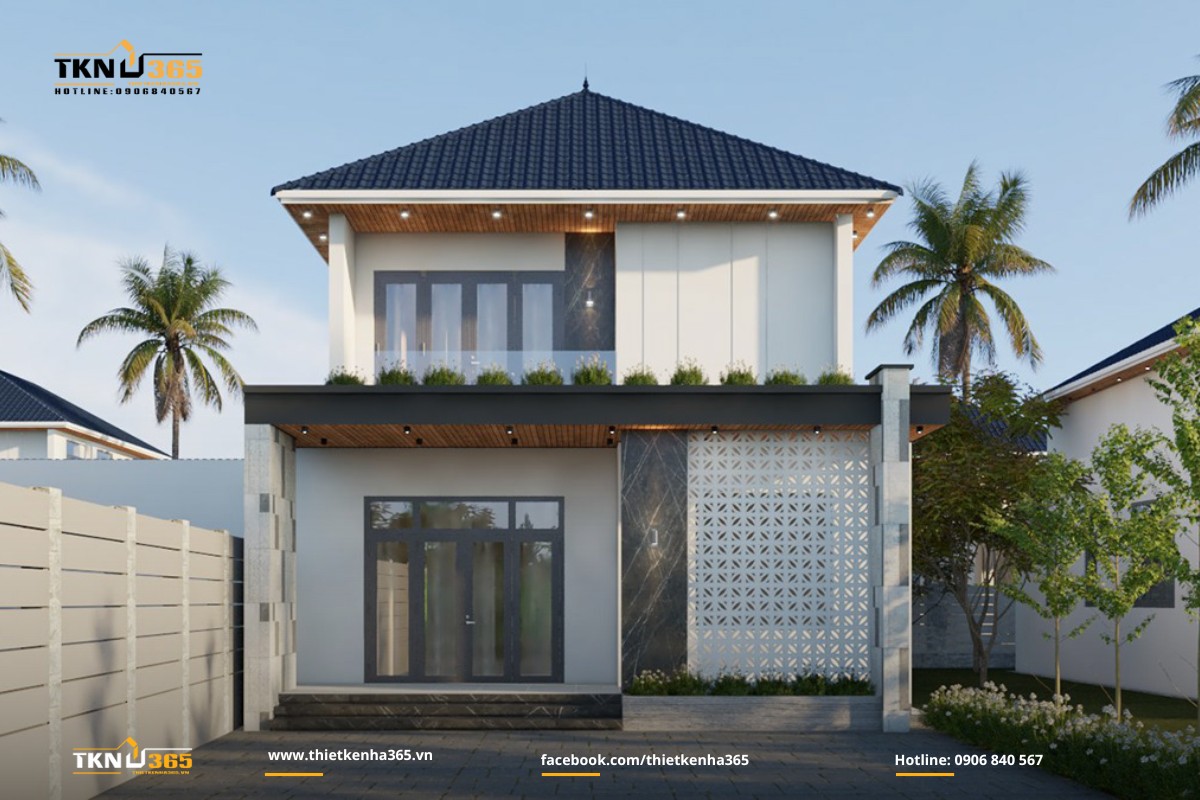 Mẫu nhà 1 trệt 1 lầu mái Nhật có sân vườn rộng rãi
