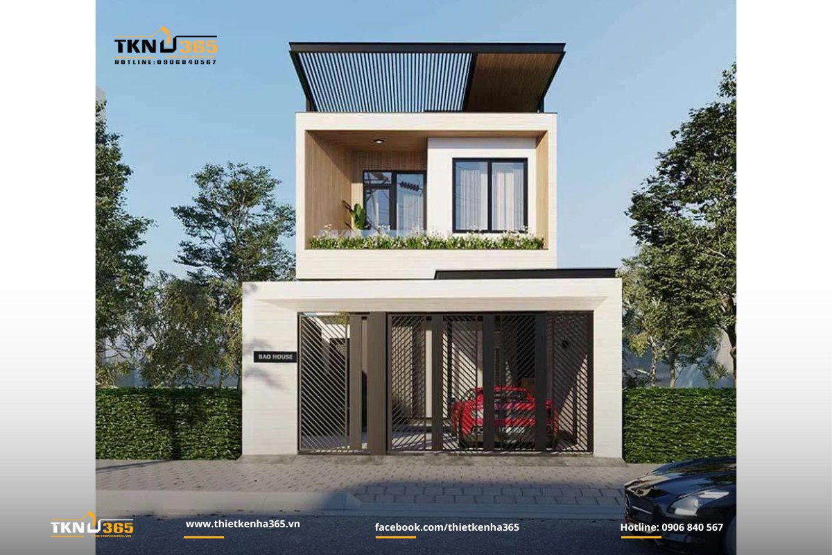 Thiết kế nhà 1 trệt 1 lầu có sân rộng đậu xe ô tô 
