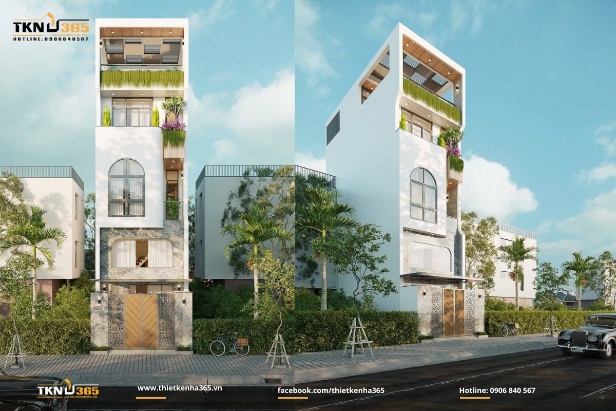 Mẫu nhà 1 trệt 1 lửng 3 lầu 6x25m nhiều cây xanh