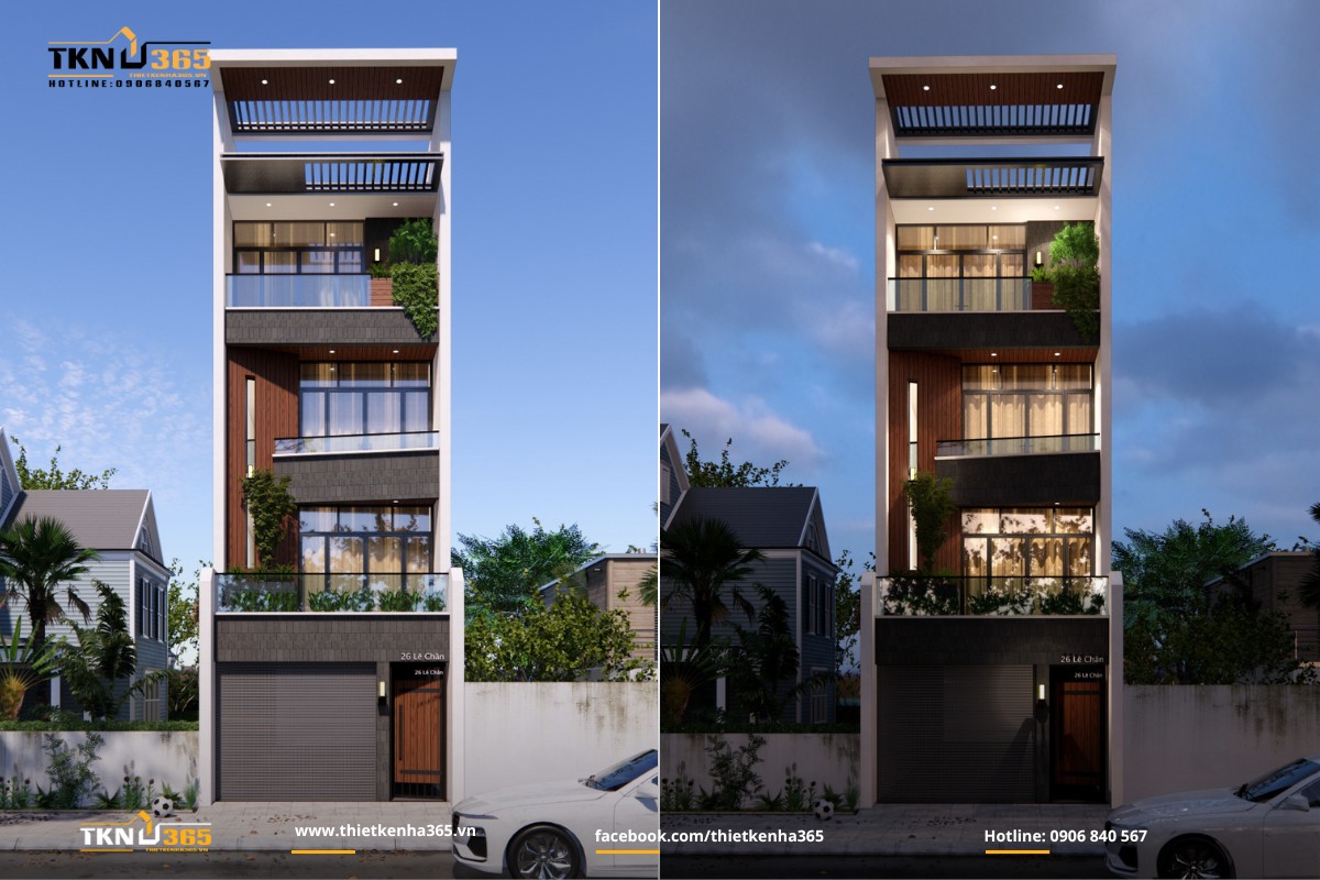 Mẫu nhà ở 1 trệt 3 lầu ban công ốp nhựa giả gỗ chống nóng
