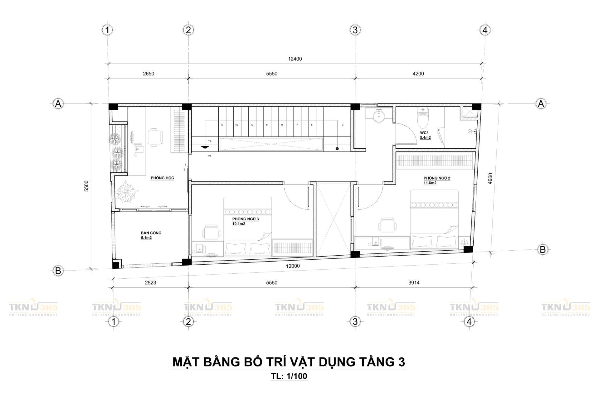 Mặt bằng tầng 3 của nhà anh Hiền