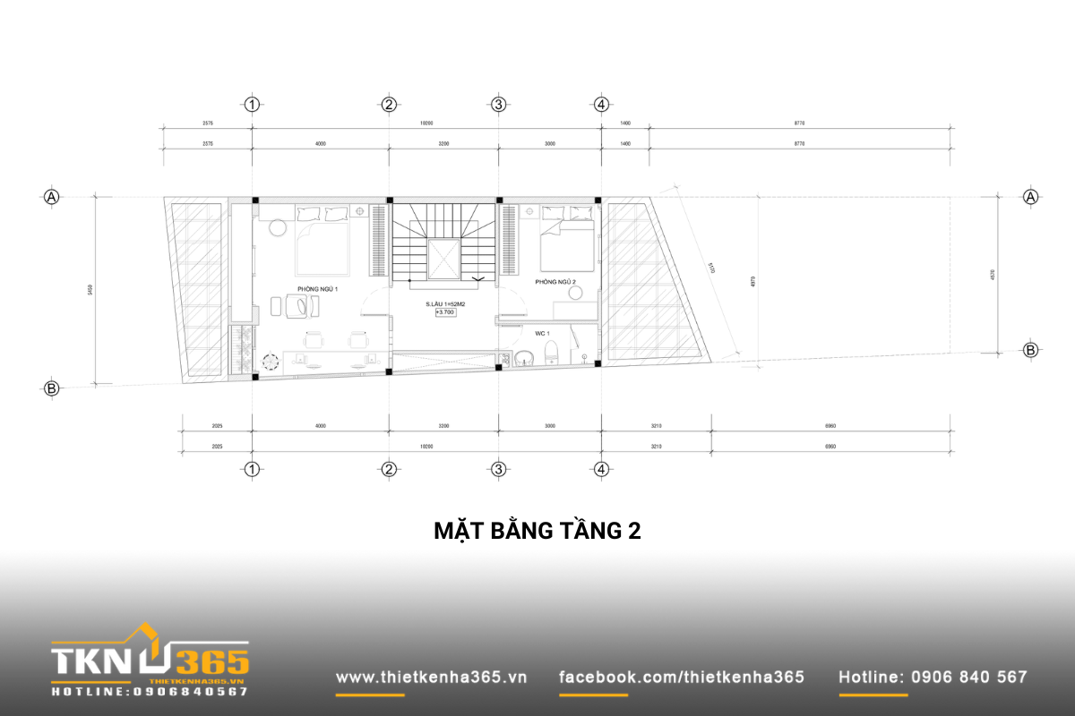 Mặt bằng tầng 2 gồm 2 phòng ngủ và 1 nhà wc chung