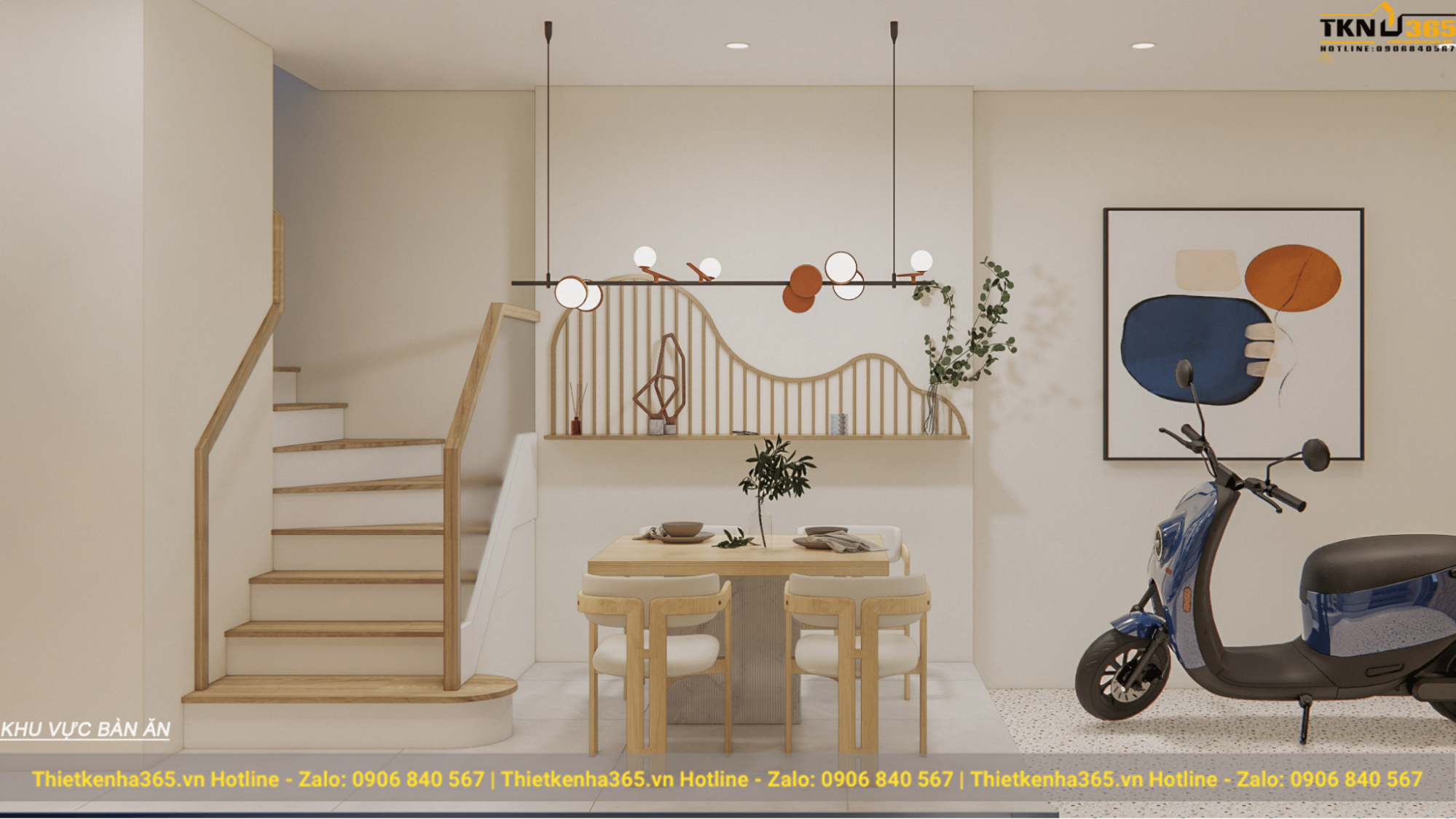 Tầng trệt bao gồm bàn ăn và lối đi lên phòng khách
