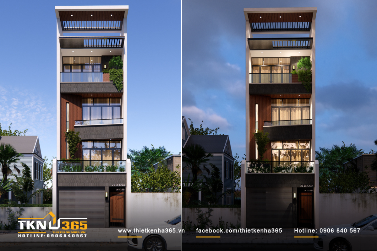 Mặt tiền nhà phố 5 tầng có tum gây ấn tượng với tone xám nổi bật