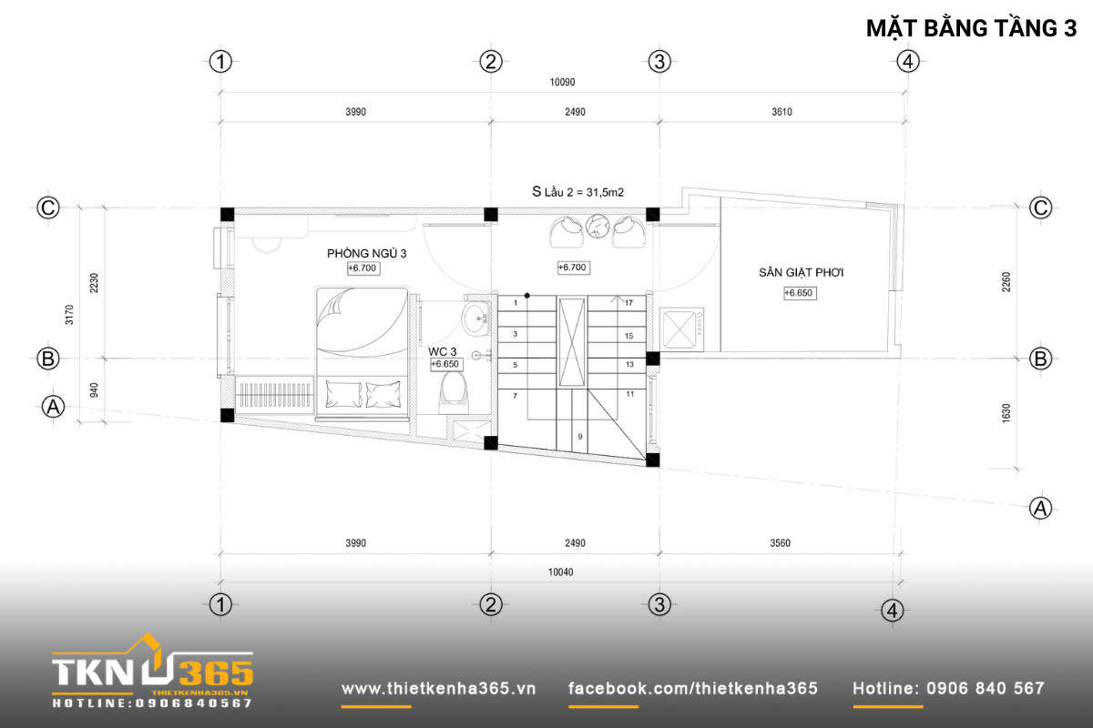 Mặt bằng tầng 3 gồm 1 phòng ngủ lớn và sân giặt phơi phía sau