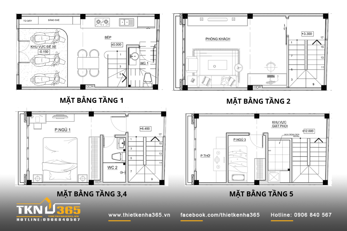 Bố trí công năng mặt bằng 5 tầng diện tích 3x7m nhà chị Huế Hà Nội 