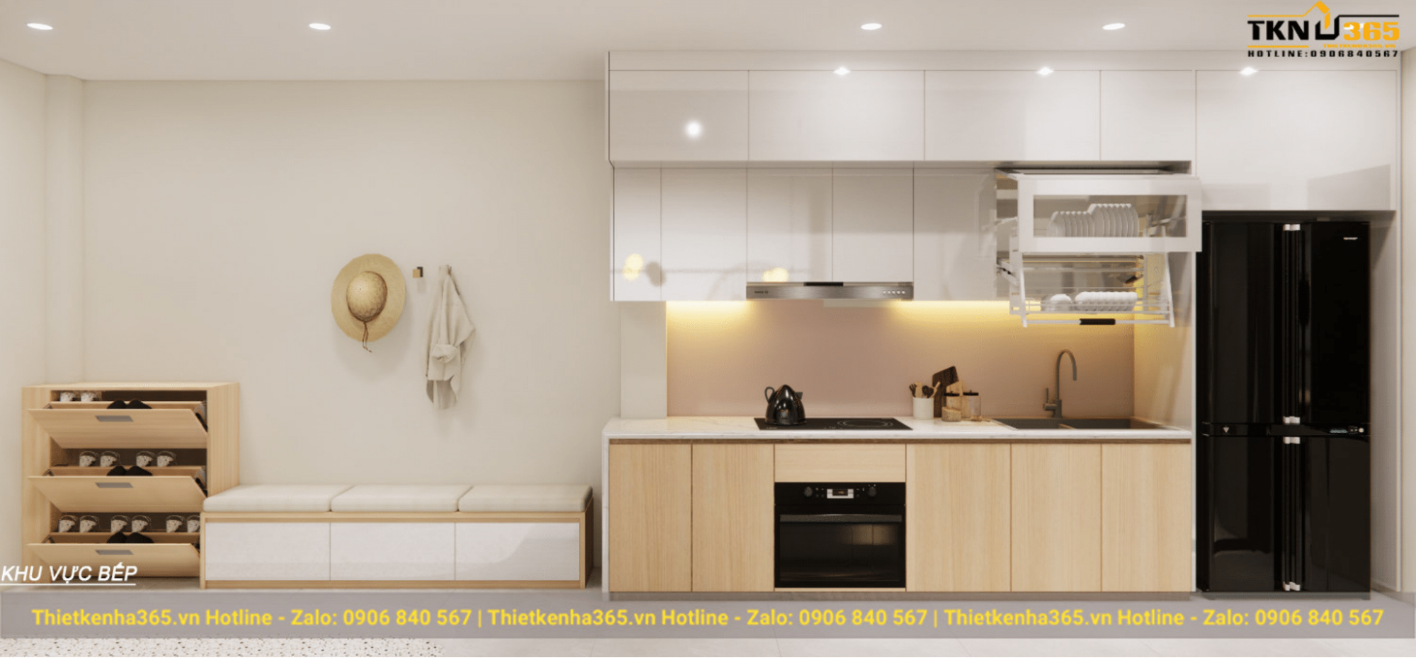 Khu vực nấu nướng đối điện, thiết kế tủ bếp chữ I tối ưu không gian
