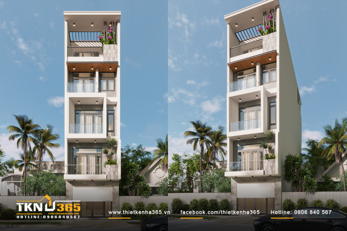 Mẫu nhà mặt phố 5 tầng với hệ thống lan can kính, cửa nhôm kính lấy sáng tối đa