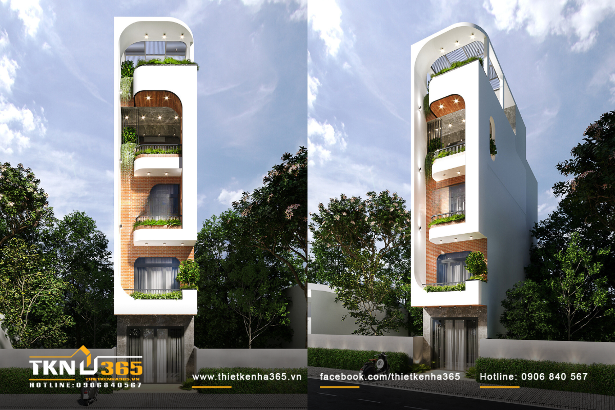 Mặt tiền nhà phố với hệ ban công bo cong ấn tượng, tường lót gạch thô tạo điểm nhấn