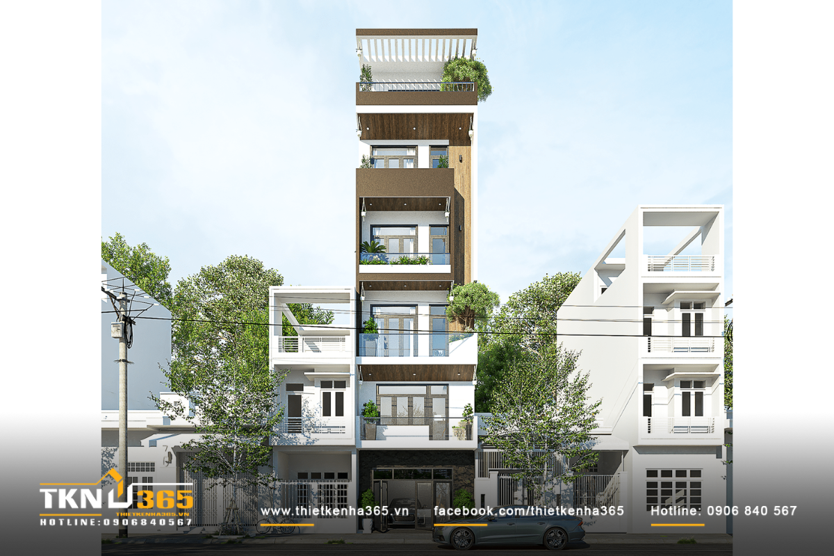 Mẫu nhà mặt phố 5 tầng 1 tum có giếng trời siêu thoáng