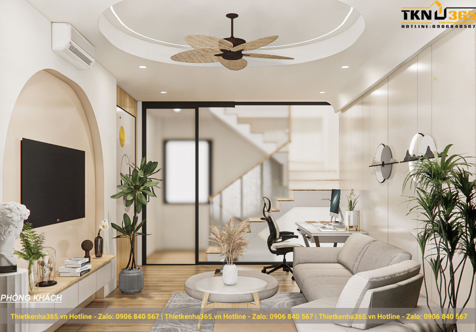 Tầng 2 đi lên là phong khách, được ngăn cửa lùa gắn máy lạnh
