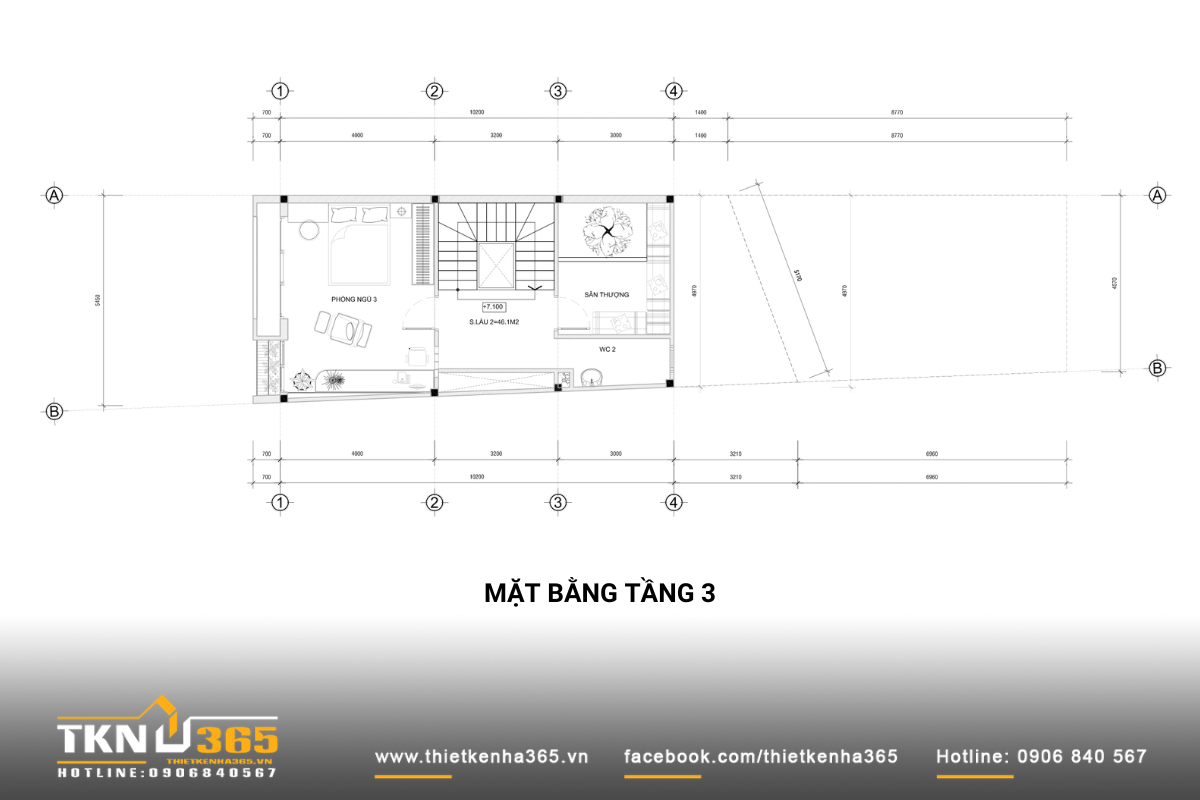 Mặt bằng tầng 3 gồm 1 phòng ngủ, 1 sân thượng có tiểu cảnh 