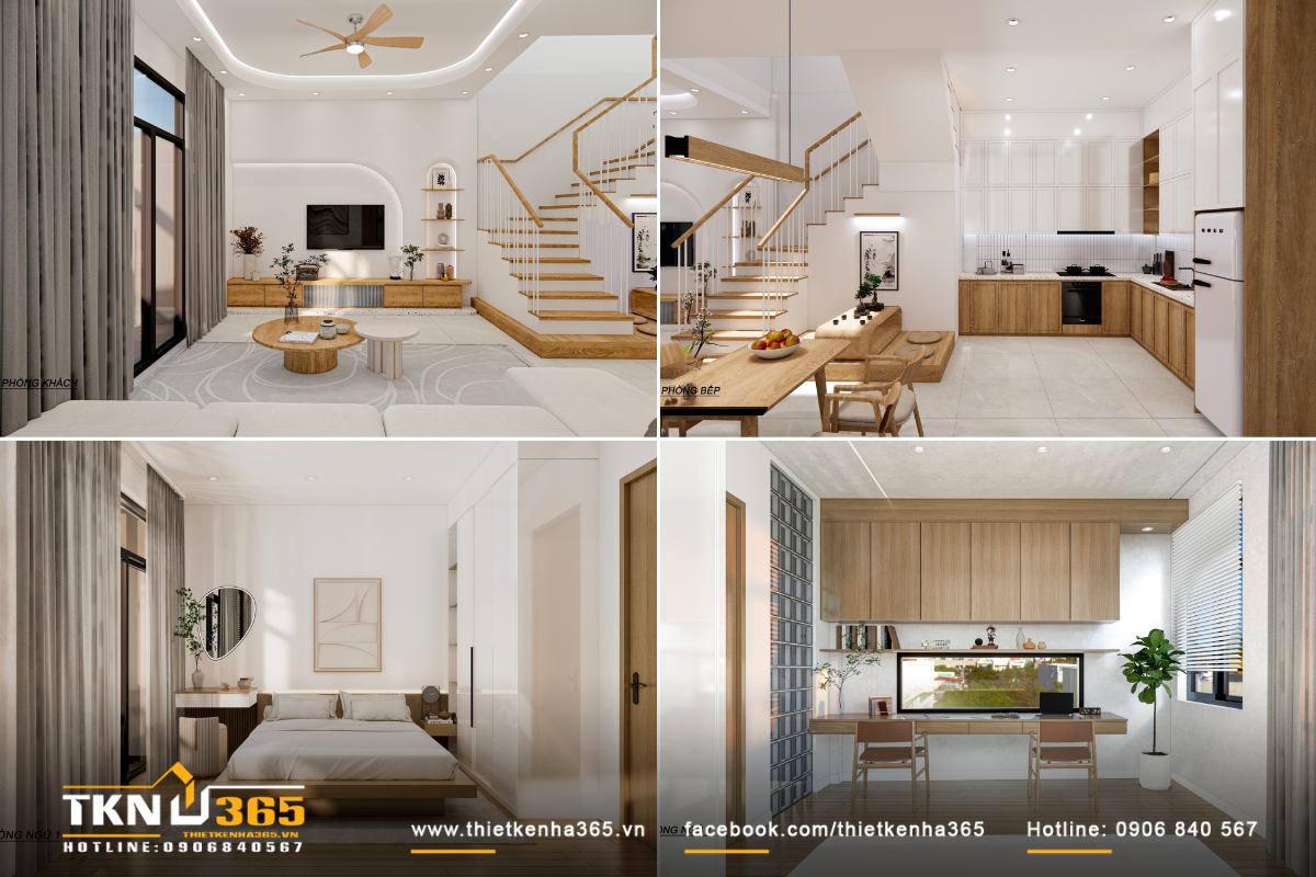 Phối cảnh nội thất trong nhà cũng theo tone gỗ ấm 