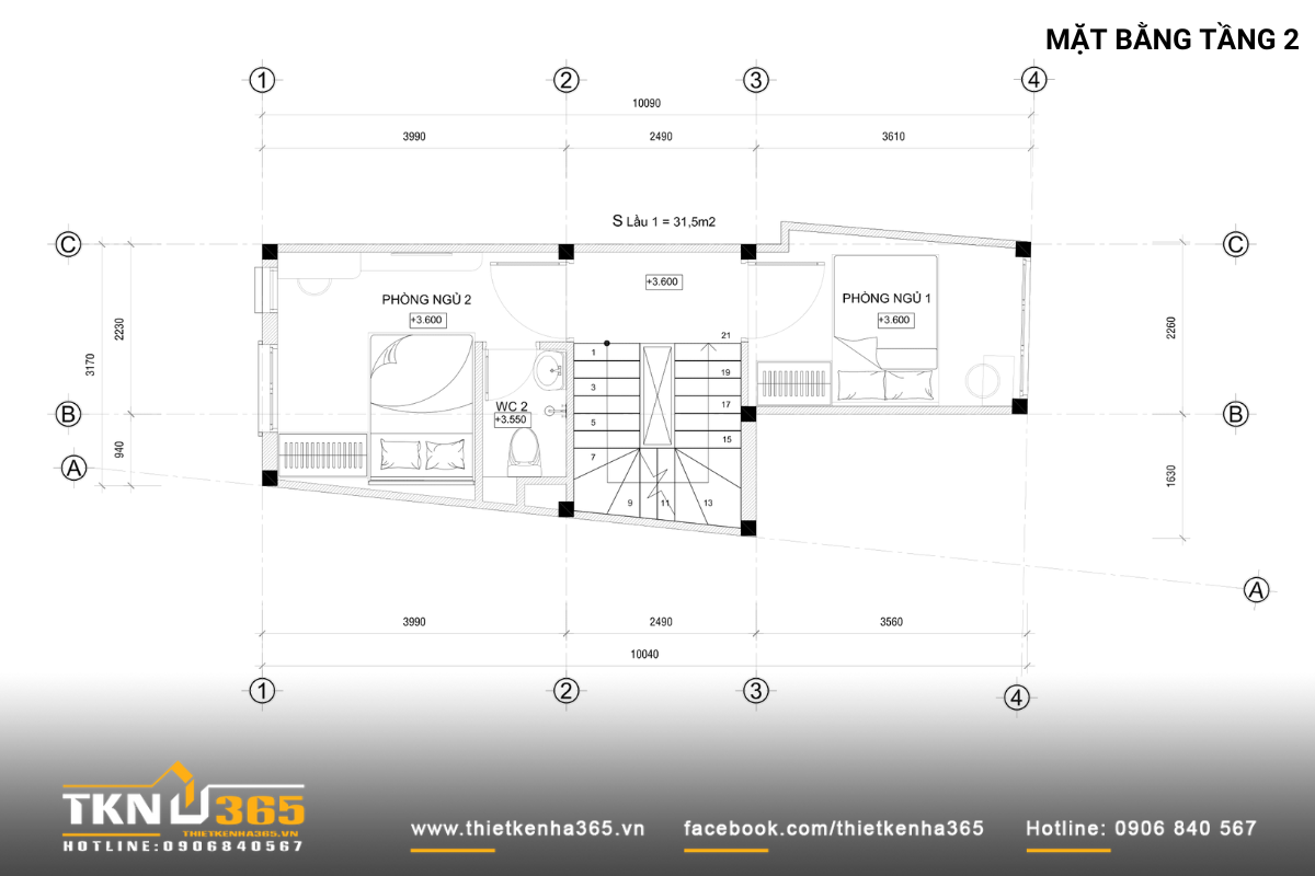 Mặt bằng tầng 2 gồm 2 phòng ngủ, trong đó có 1 phòng có wc chung