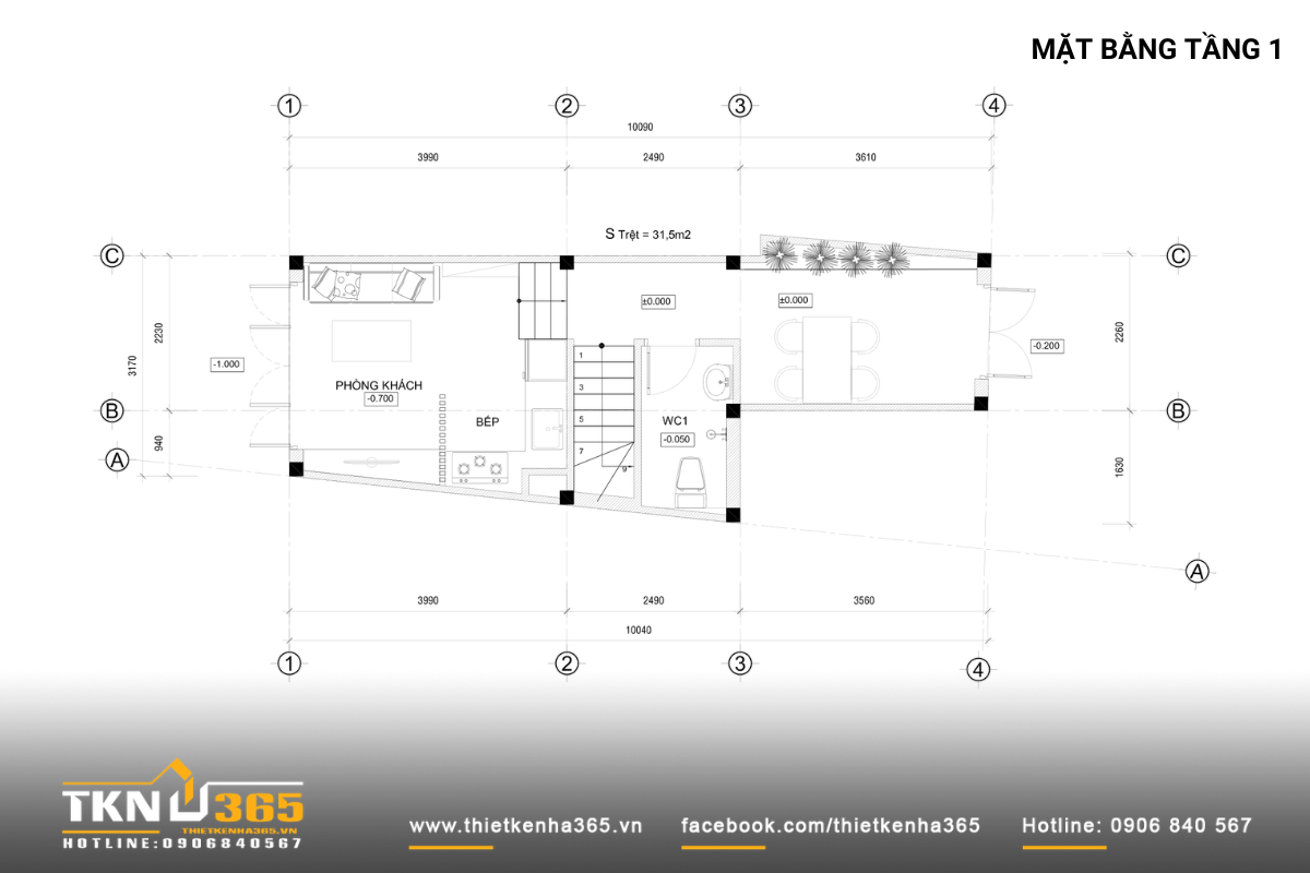 Mặt bằng tầng 1 gồm phòng khách, bếp và 1 wc dưới cầu thang