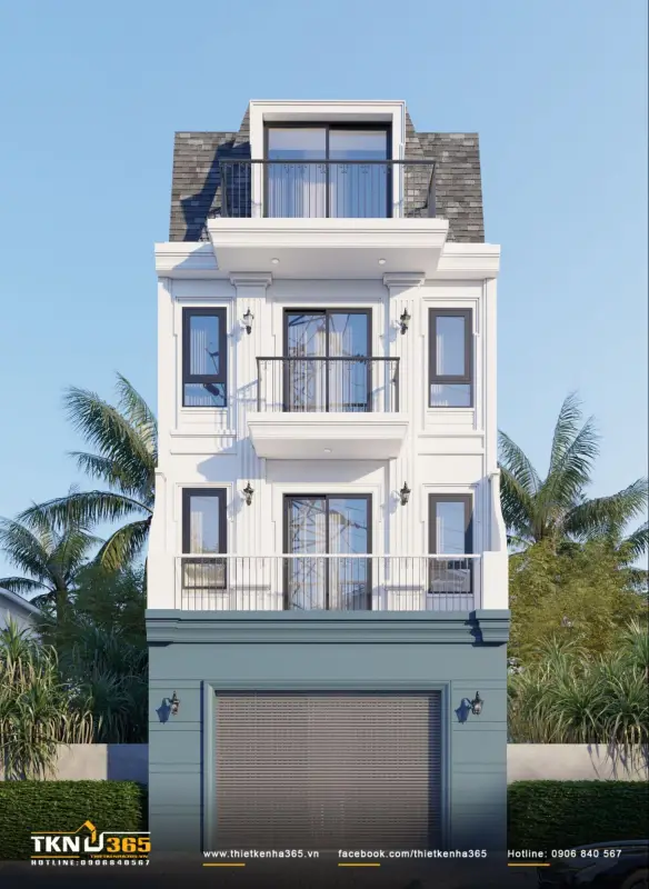 Mẫu nhà 4 tầng ở phố có hầm và thang máy