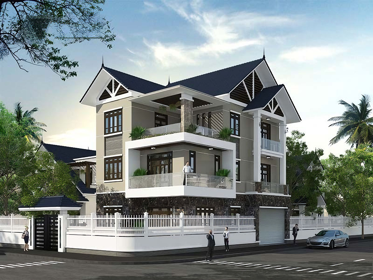 Mẫu nhà 2 mặt tiền 3 tầng mái Thái là lựa chọn lý tưởng cho những gia chủ yêu thích phong cách tân cổ điển nhẹ nhàng kết hợp kiến trúc hiện đại và thông thoáng.