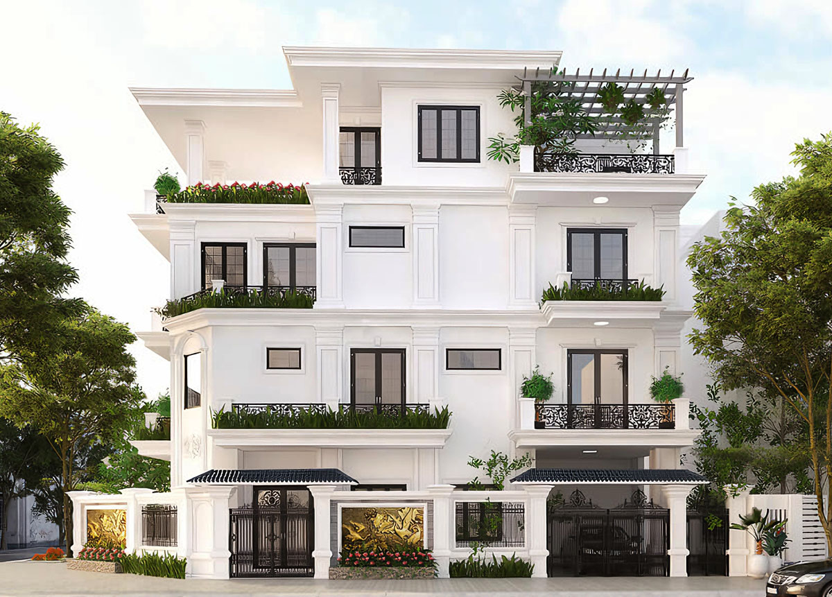 Mẫu nhà 2 mặt tiền 3 tầng tân cổ điển quyến rũ nhờ vẻ ngoài sang trọng, nhã nhặn (ảnh: sưu tầm)