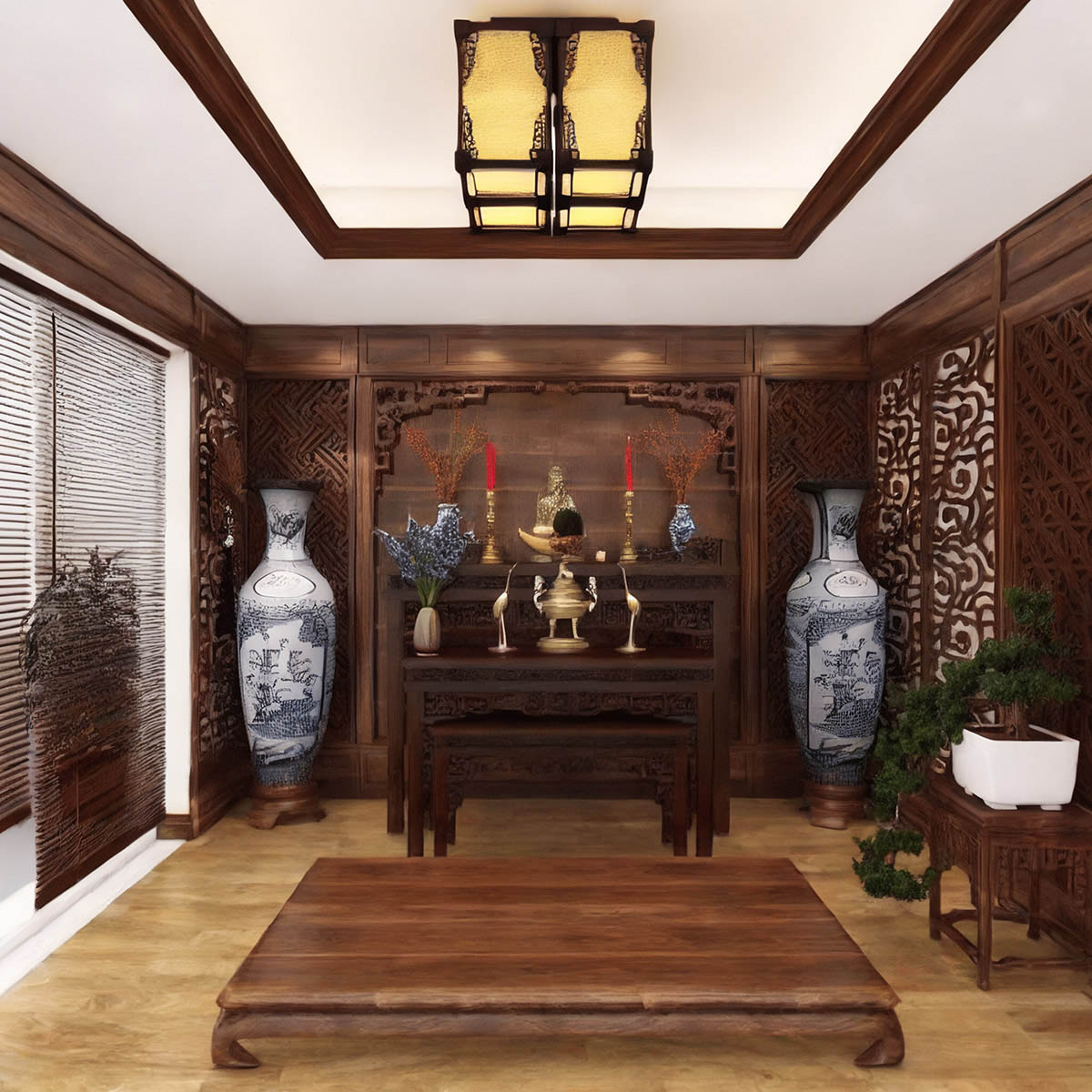 Phòng thờ trang nghiêm với nội thất gỗ và cửa sổ lớn để đón ánh sáng tự nhiên một cách tốt nhất