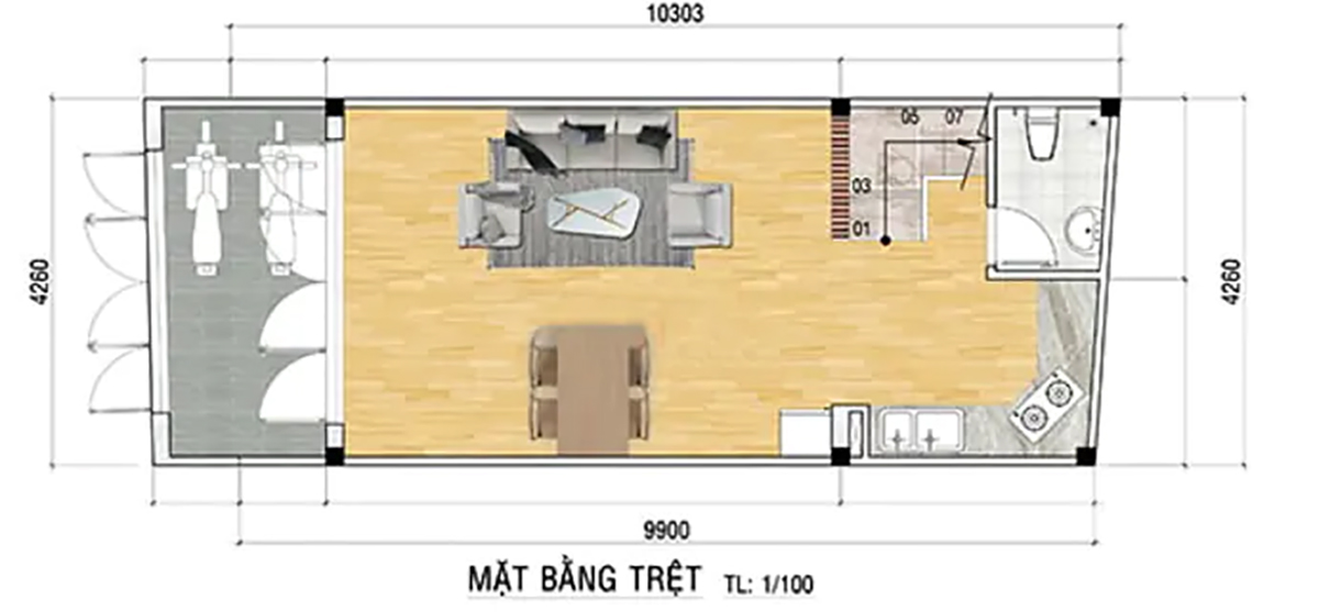 Mặt bằng bản vẽ công năng tầng trệt của ngôi nhà 4x10m2