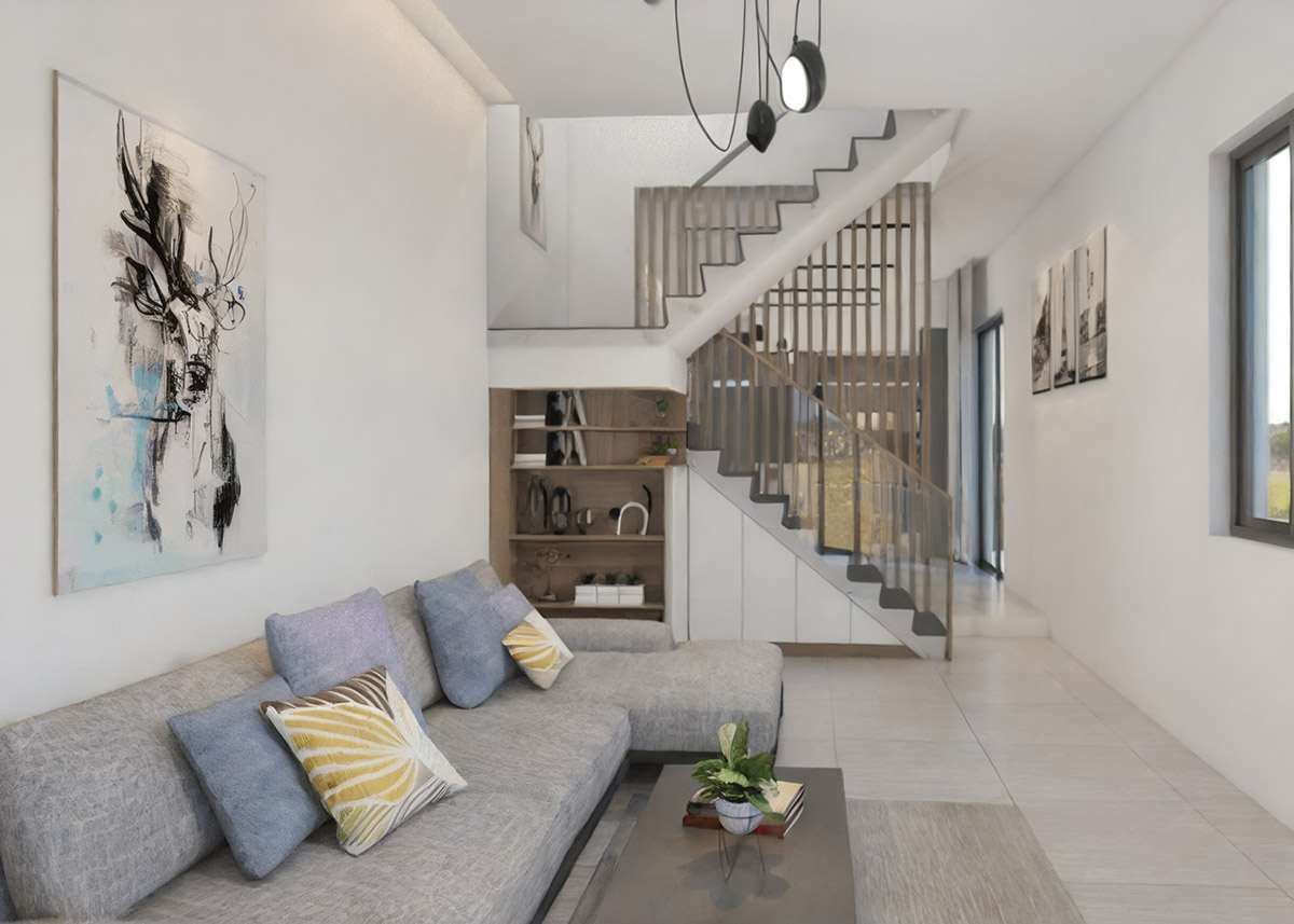 Mẫu nhà 4x10 đẹp hiện đại này thiết kế phòng khách với sàn gỗ và gam màu trầm đem lại vẻ đẹp sang trọng