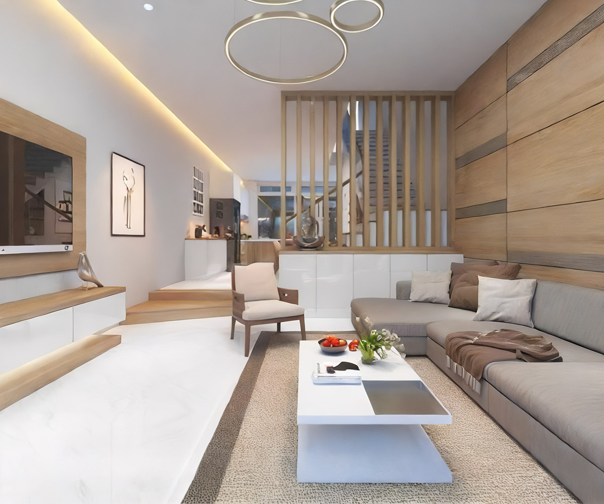 Phòng khách nhà 5x12m 2 tầng