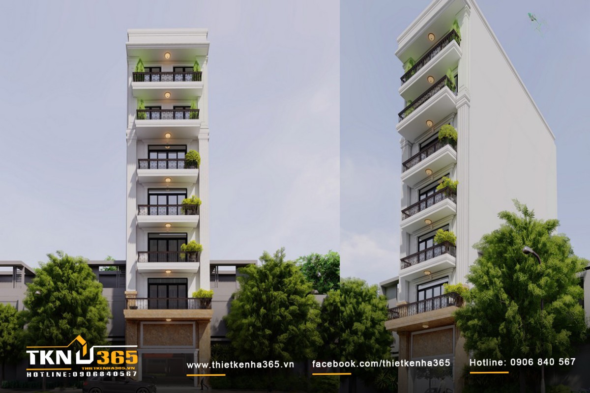 Kiến trúc nhà phố 7 tầng kết hợp các vật liệu hiện đại, phù hợp cho gia đình hoặc kinh doanh