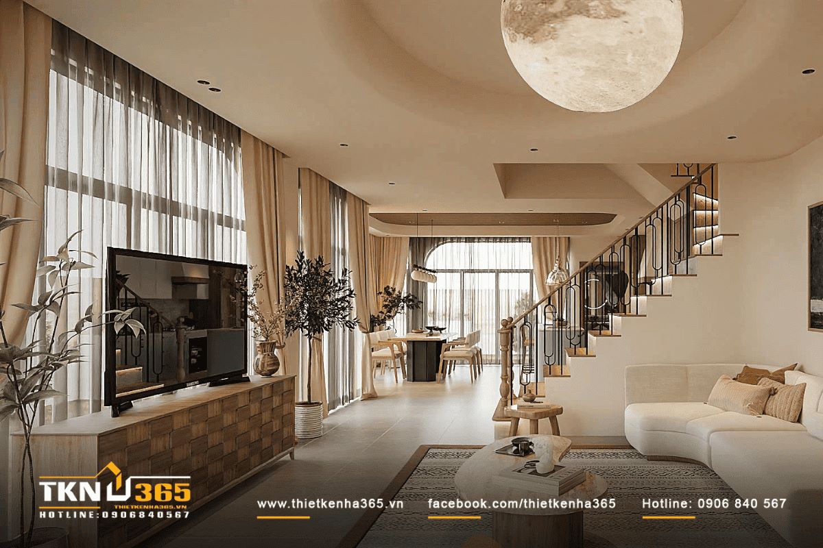 Ph&ograve;ng kh&aacute;ch thiết kế nội thất tinh tế, tone trắng sữa chủ đạo