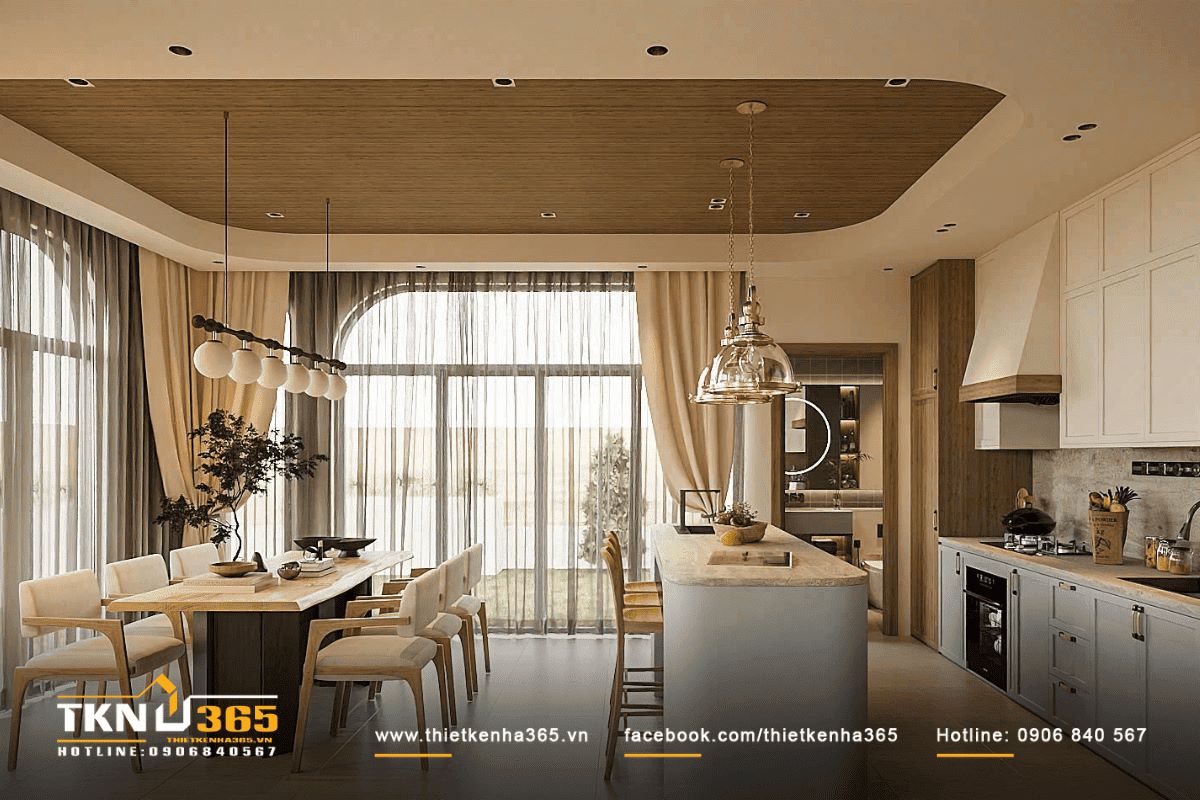 Ph&ograve;ng bếp mở với cửa k&iacute;nh mang lại sự s&aacute;ng sủa v&agrave; t&iacute;nh thẩm mỹ cho kh&ocirc;ng gian