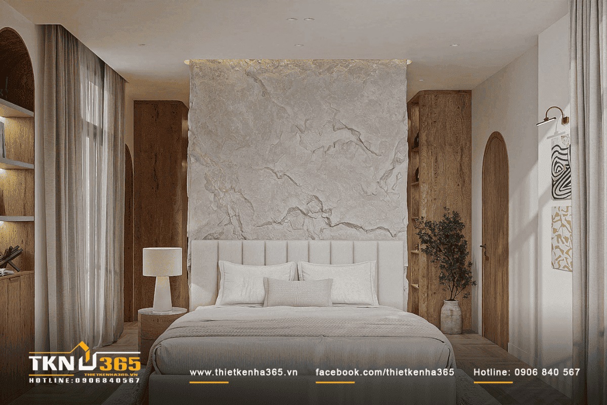 Ph&ograve;ng ngủ master kết hợp h&agrave;i h&ograve;a giữa gỗ tự nhi&ecirc;n v&agrave; đ&aacute; v&acirc;n m&acirc;y tạo cảm gi&aacute;c ấm c&uacute;ng, thư th&aacute;i
