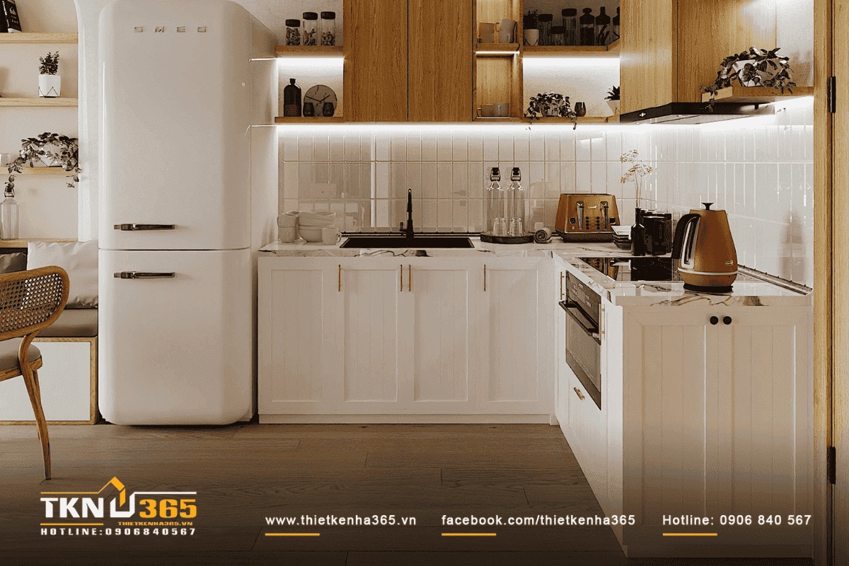 Khu vực bếp được thiết kế một c&aacute;ch ngăn nắp v&agrave; gọn g&agrave;ng