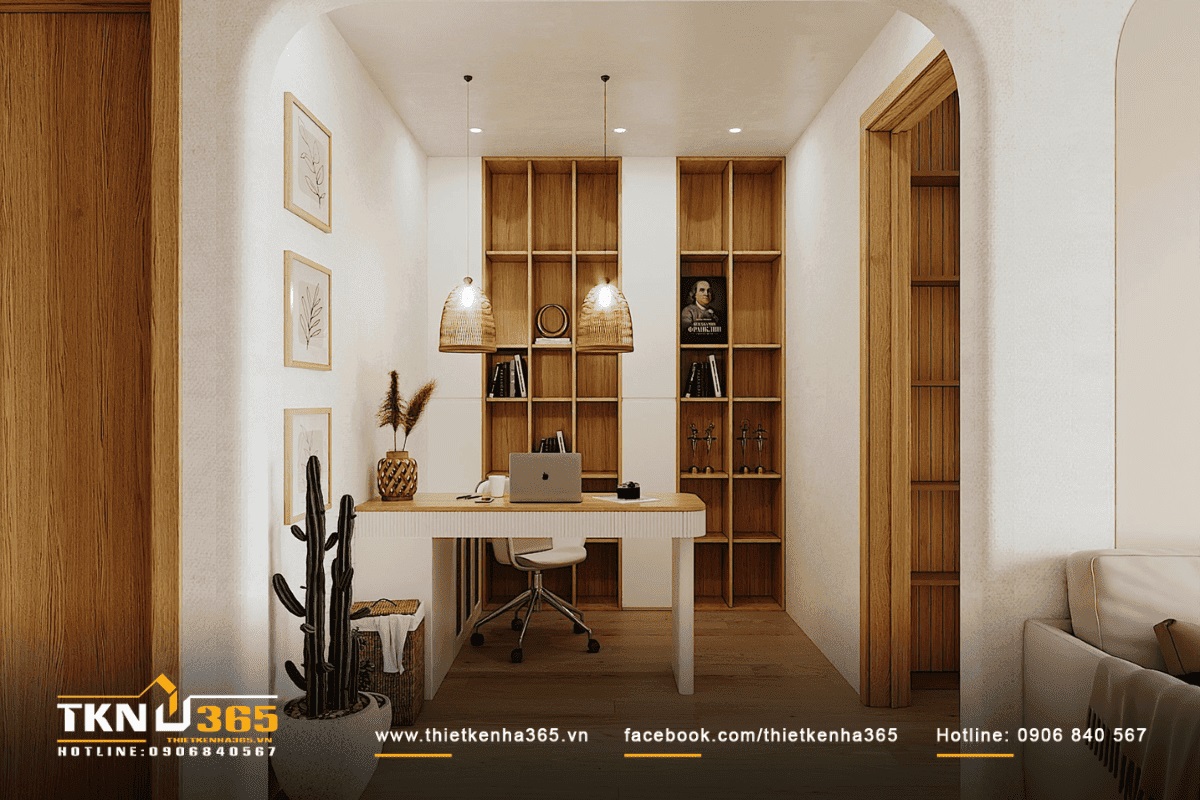 Kệ s&aacute;ch gỗ với thiết kế mở c&ugrave;ng đ&egrave;n thả độc đ&aacute;o tạo điểm nhấn ấn tượng cho kh&ocirc;ng gian l&agrave;m việc