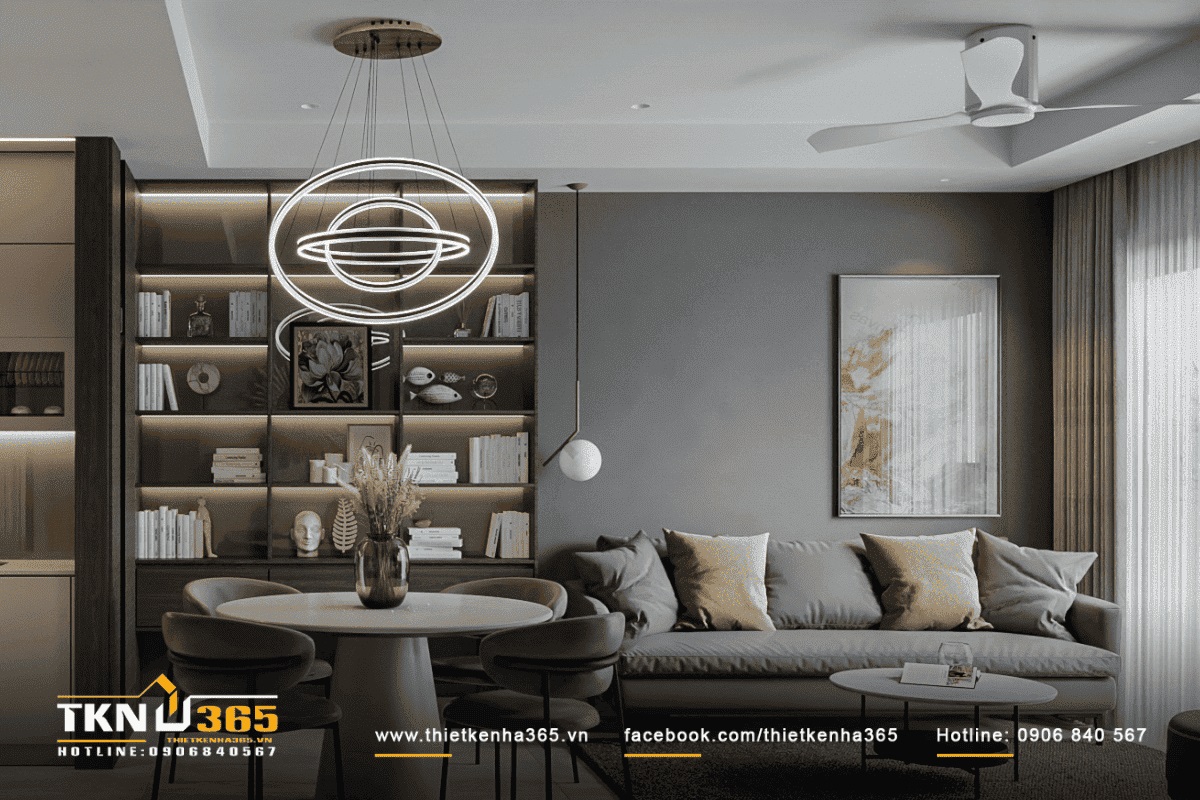 Ph&ograve;ng kh&aacute;ch nhỏ xinh với điểm nhấn l&agrave; chiếc đ&egrave;n ch&ugrave;m độc đ&aacute;o v&agrave; bộ sofa &ecirc;m &aacute;i