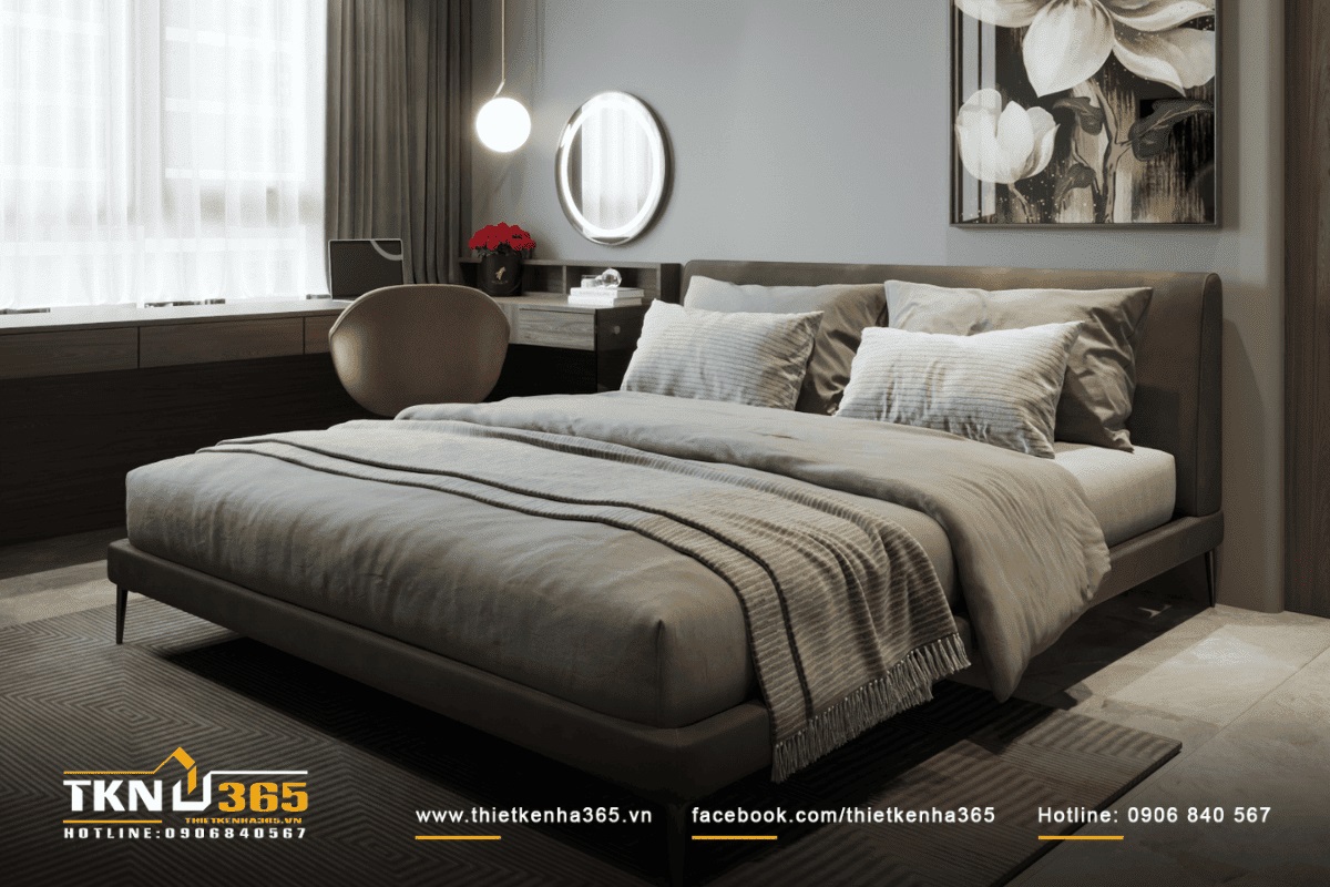 Ph&ograve;ng ngủ master sang trọng, kết hợp h&agrave;i h&ograve;a giữa m&agrave;u sắc trầm ấm