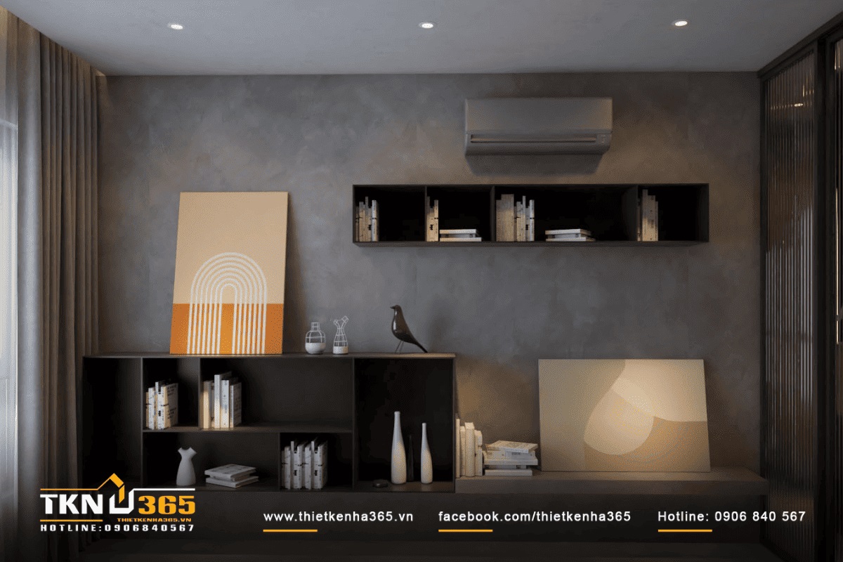 Điểm nhấn cho nội thất ng&ocirc;i nh&agrave; l&agrave; bức tranh trừu tượng v&agrave; kệ s&aacute;ch gỗ