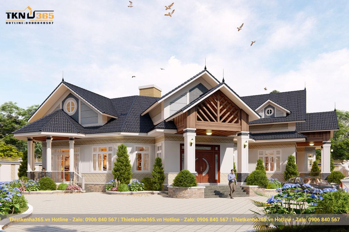 Mẫu thiết kế biệt thự m&aacute;i th&aacute;i được bao phủ th&ecirc;m c&aacute;c tiểu cảnh c&acirc;y cối xanh