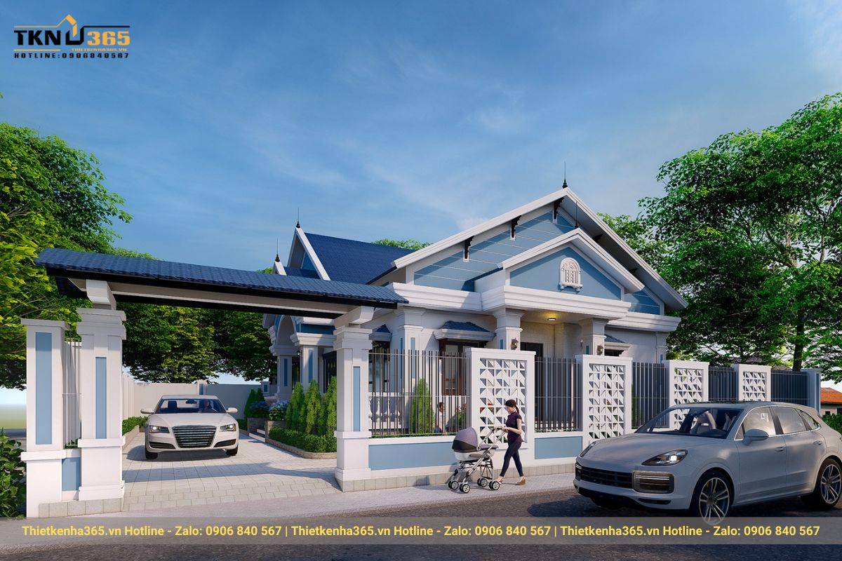 Cổng b&ecirc; t&ocirc;ng chắc chắn m&agrave;u trắng xanh h&ograve;a hợp với tổng thể ng&ocirc;i nh&agrave;