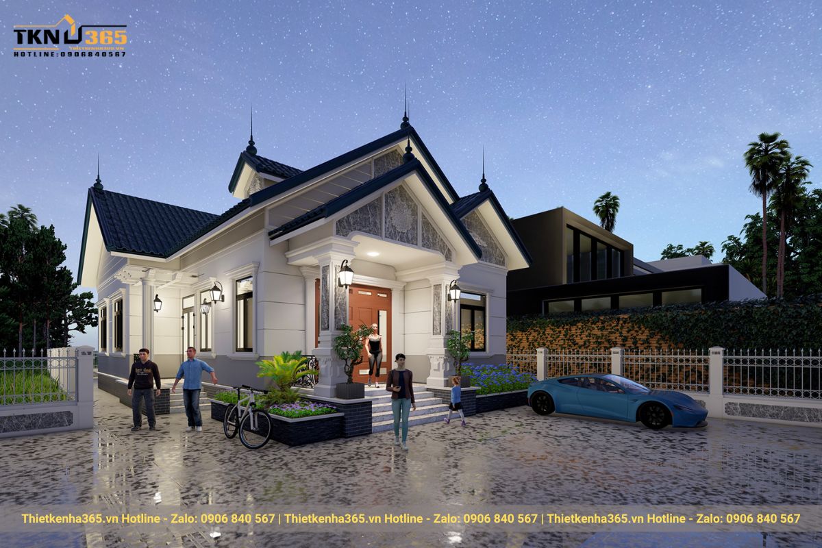 Biệt thự buổi tối được hệ thống đ&egrave;n chiếu s&aacute;ng c&agrave;ng khiến ng&ocirc;i nh&agrave; trở n&ecirc;n sắc sảo hơn