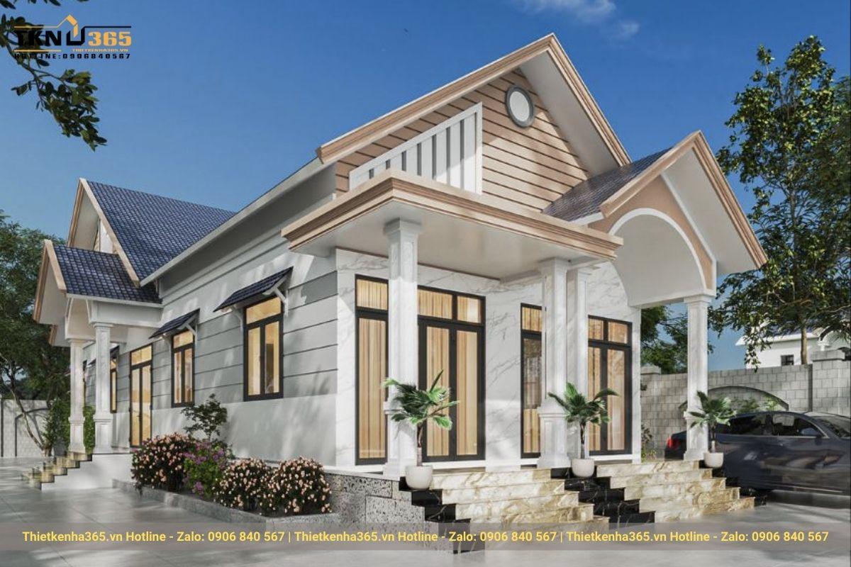 Mẫu thiết kế biệt thự m&aacute;i Th&aacute;i g&acirc;y ấn tượng với bậc tam cấp v&agrave; mặt tiền ốp đ&aacute; sang trọng