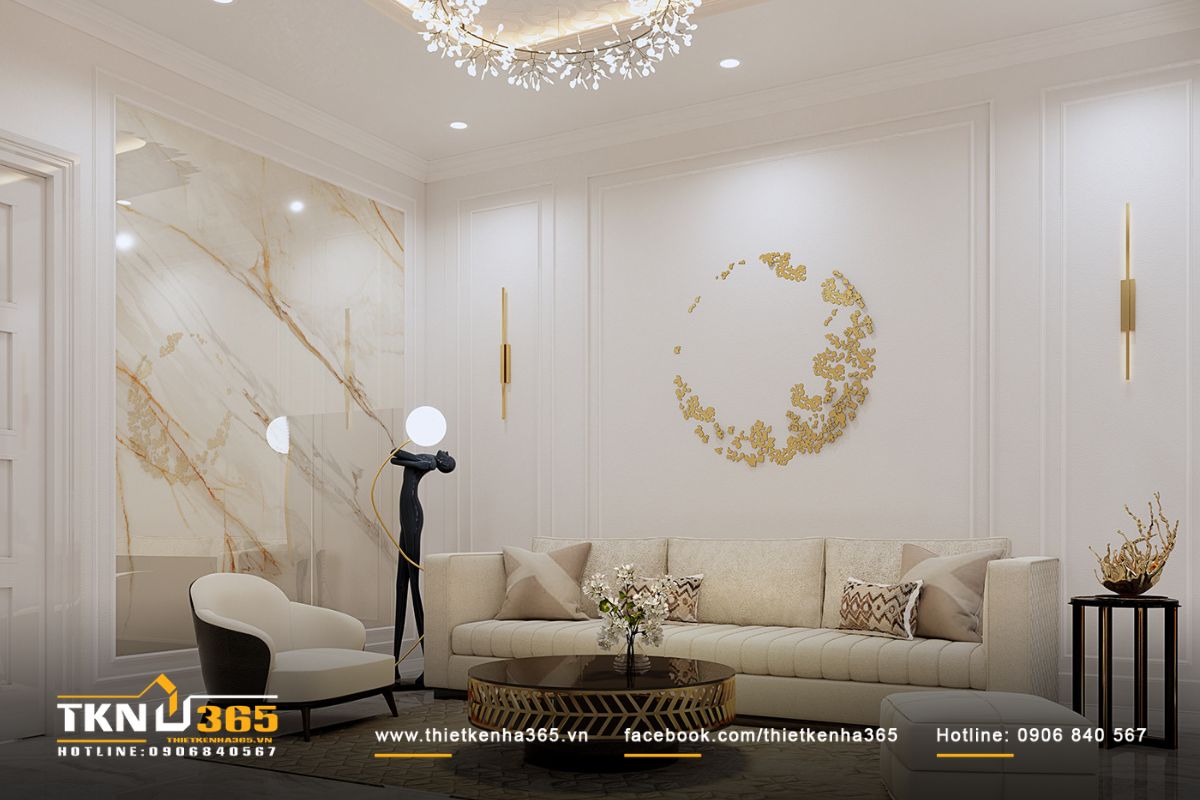 Nội thất ph&ograve;ng kh&aacute;ch thu h&uacute;t tường ốp đ&aacute; c&ugrave;ng những chi tiết trang tr&iacute; bằng kim loại mạ v&agrave;ng