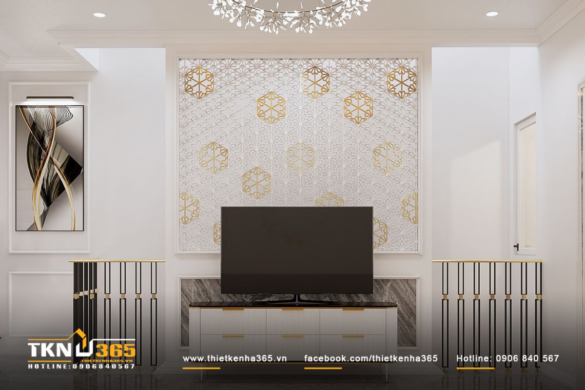 V&aacute;ch ngăn sau được thiết kế dạng lưới hoa nghệ thuật, tăng th&ecirc;m sự thẩm mỹ ph&ograve;ng kh&aacute;ch