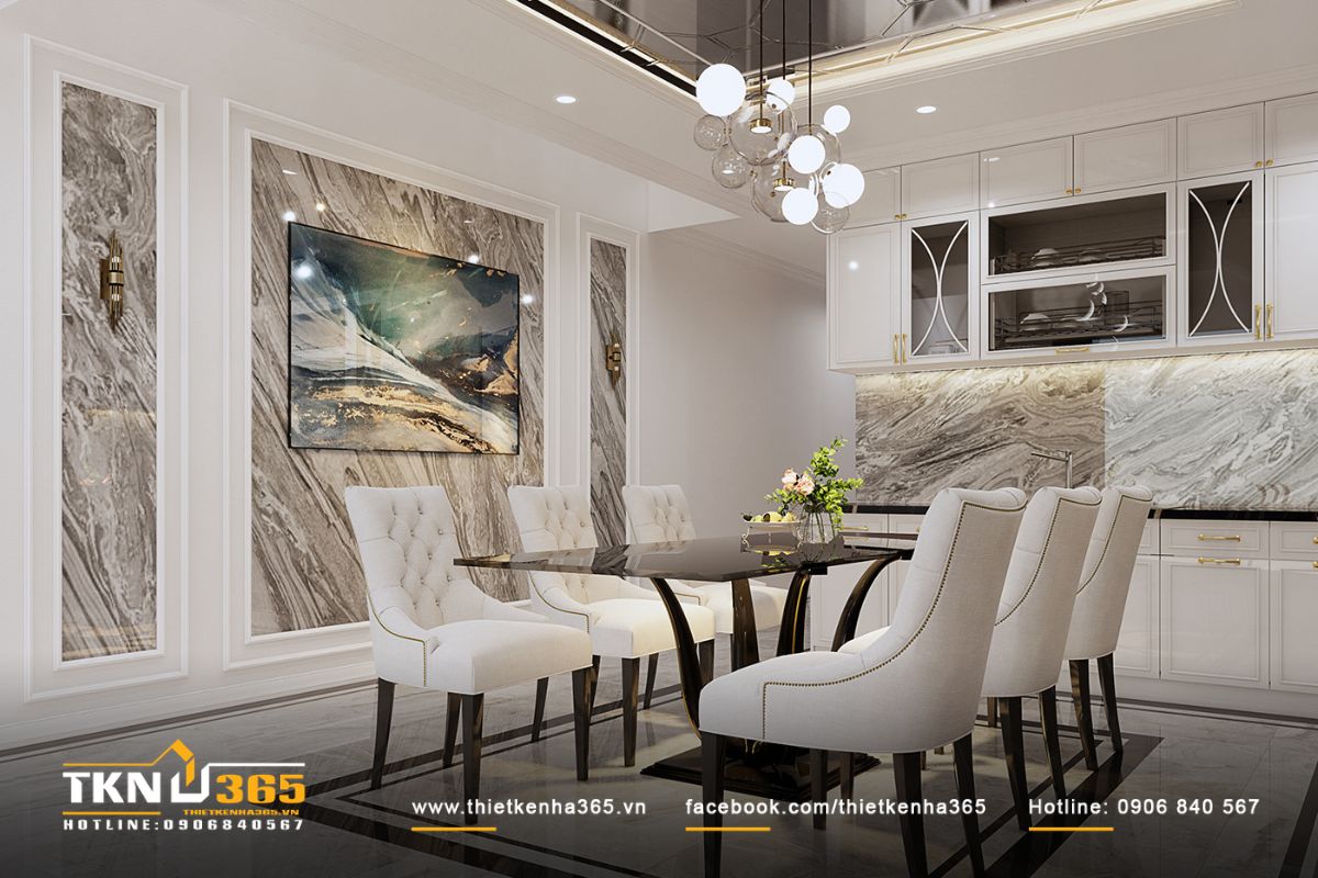 Tường bếp sử dụng đ&aacute; hoa tối m&agrave;u, tạo chiều s&acirc;u cho kh&ocirc;ng gian