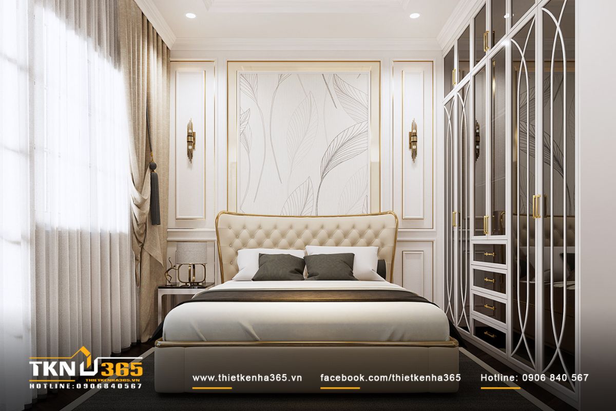 Ph&ograve;ng ngủ to&aacute;t l&ecirc;n vẻ hiện đại, c&aacute; t&iacute;nh với t&ocirc;ng m&agrave;u be trắng, đen v&agrave; v&agrave;ng