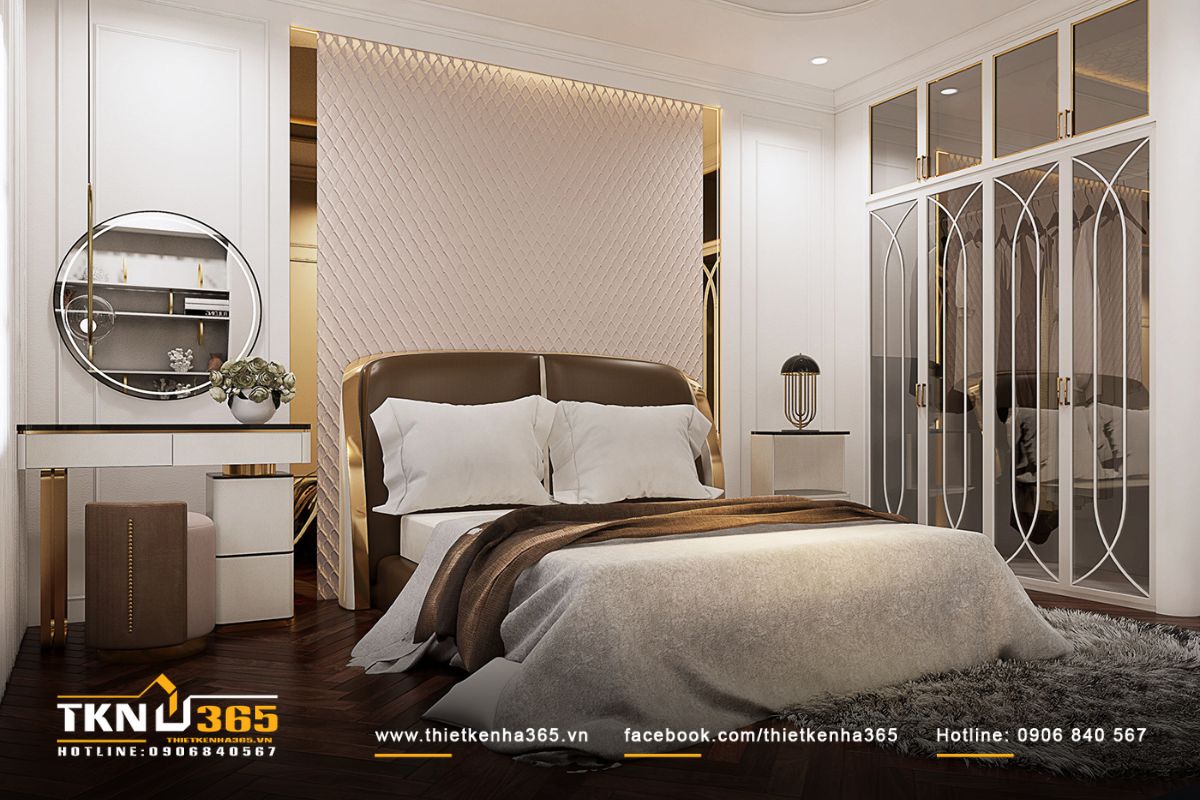 Ph&ograve;ng ngủ master c&oacute; c&aacute;c đường ph&agrave;o chỉ v&agrave; giường bọc đệm t&ocirc;n l&ecirc;n n&eacute;t cổ điển sang trọng