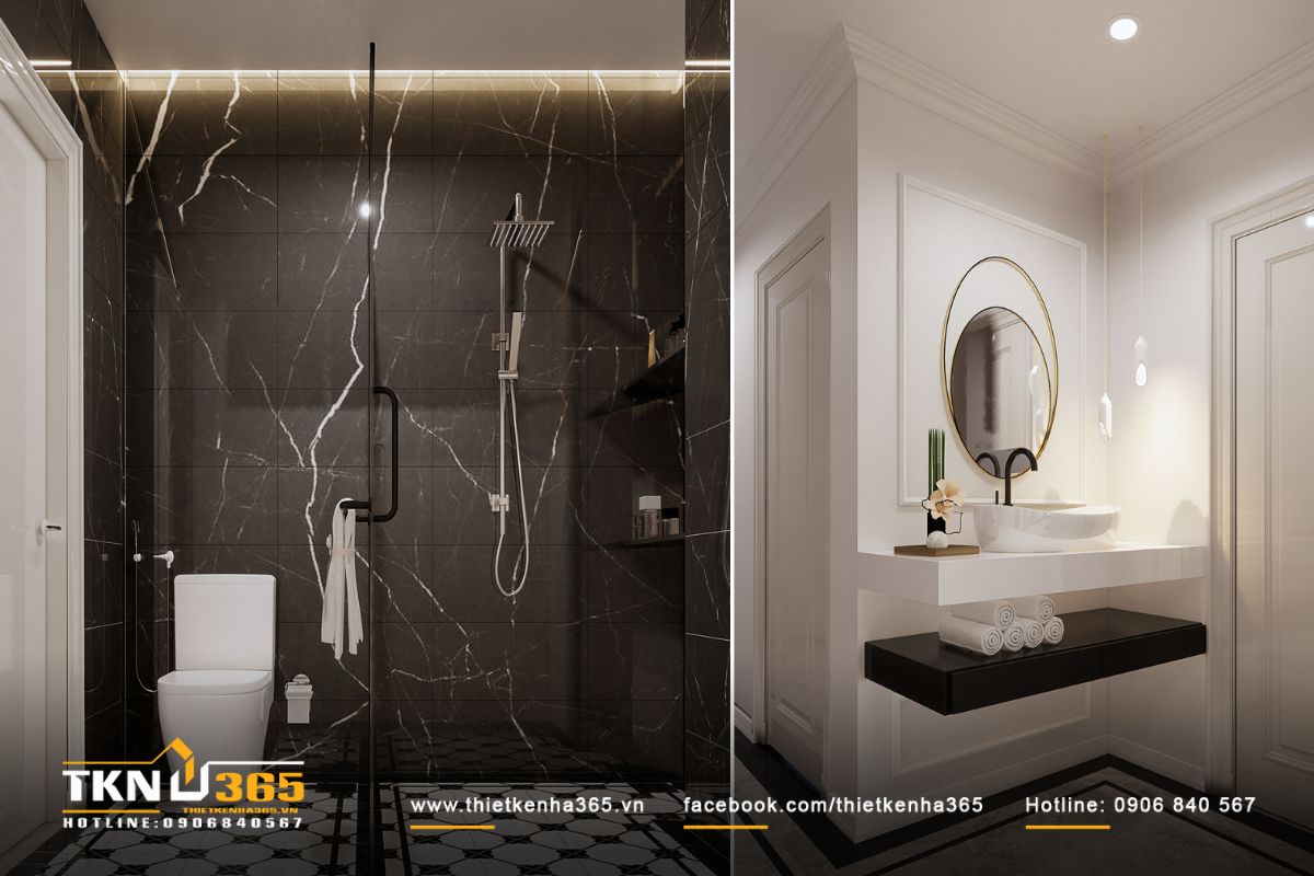 Ph&ograve;ng tắm hiện đại với t&ocirc;ng m&agrave;u đen l&agrave;m nổi bật nội thất sứ trắng