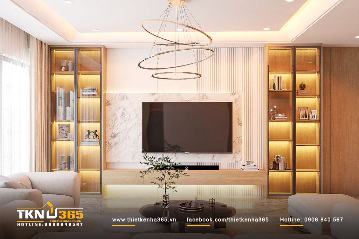 Ph&ograve;ng kh&aacute;ch rộng r&atilde;i, thiết kế tinh tế, sử dụng đ&egrave;n ch&ugrave;m l&agrave;m điểm nhấn