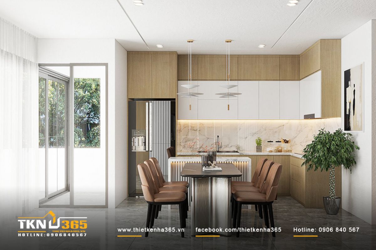 Khu vực bếp v&agrave; ph&ograve;ng ăn cũng được thiết kế mở tạo cảm gi&aacute;c rộng r&atilde;i
