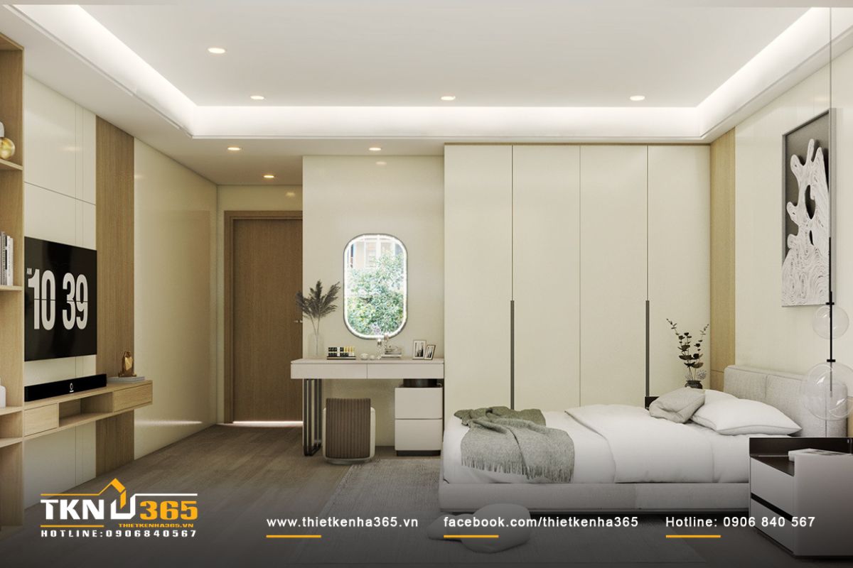 Ph&ograve;ng ngủ được đặt ở nơi y&ecirc;n tĩnh với thiết kế tối giản