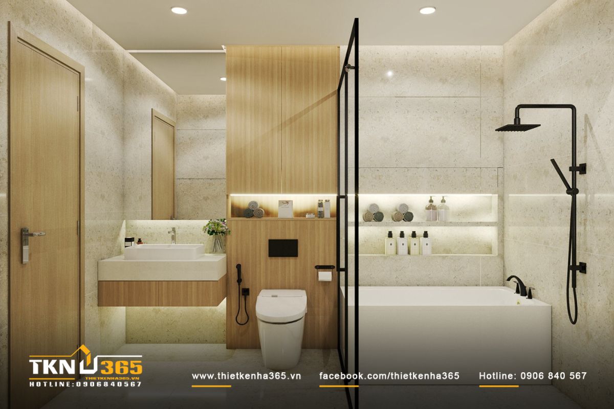 Nh&agrave; vệ sinh t&aacute;ch biệt với ph&ograve;ng tắm c&oacute; thiết kế tối giản nhưng vẫn đảm bảo tiện &iacute;ch